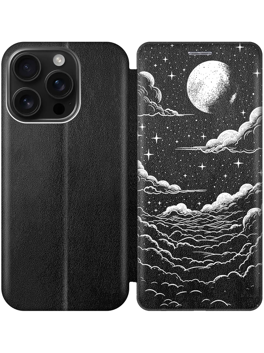 

Чехол-книжка на Apple iPhone 16 Pro с принтом "Луна и облака" черный, Черный;белый, 785197741