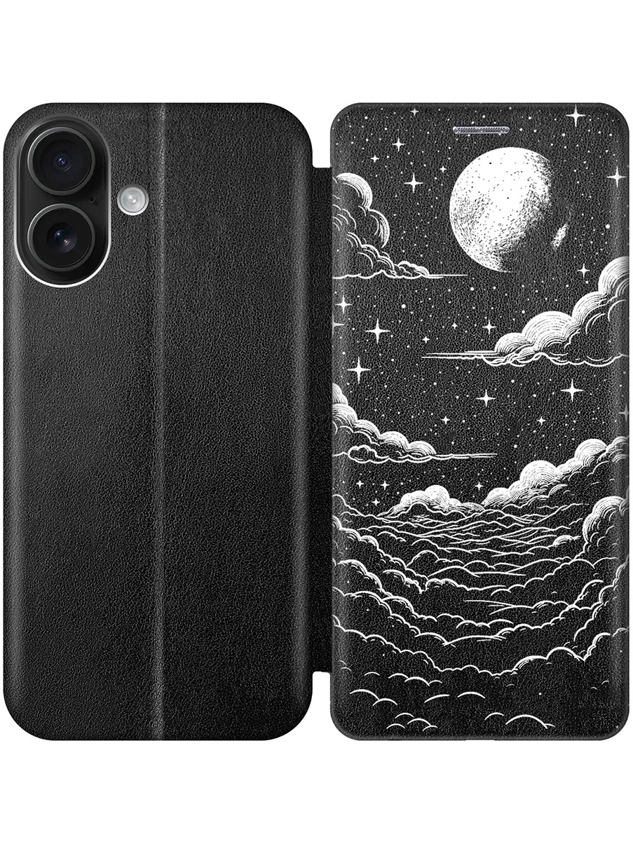 

Чехол-книжка на Apple iPhone 16 с принтом "Луна и облака" черный, 785196541