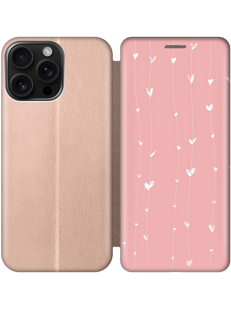 

Чехол-книжка на Apple iPhone 16 Pro Max с принтом "Сердечки на розовом фоне" золотой, 785198391