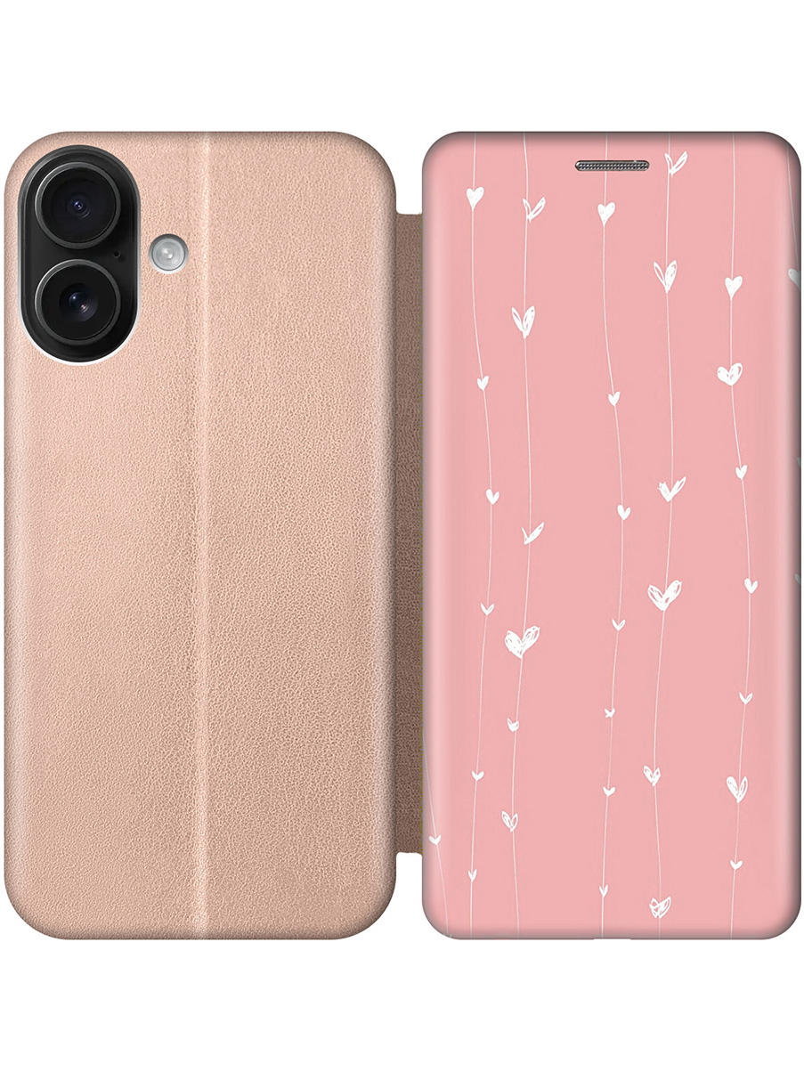

Чехол-книжка на Apple iPhone 16 с принтом "Сердечки на розовом фоне" золотой, Золотистый;белый;розовый, 785196591