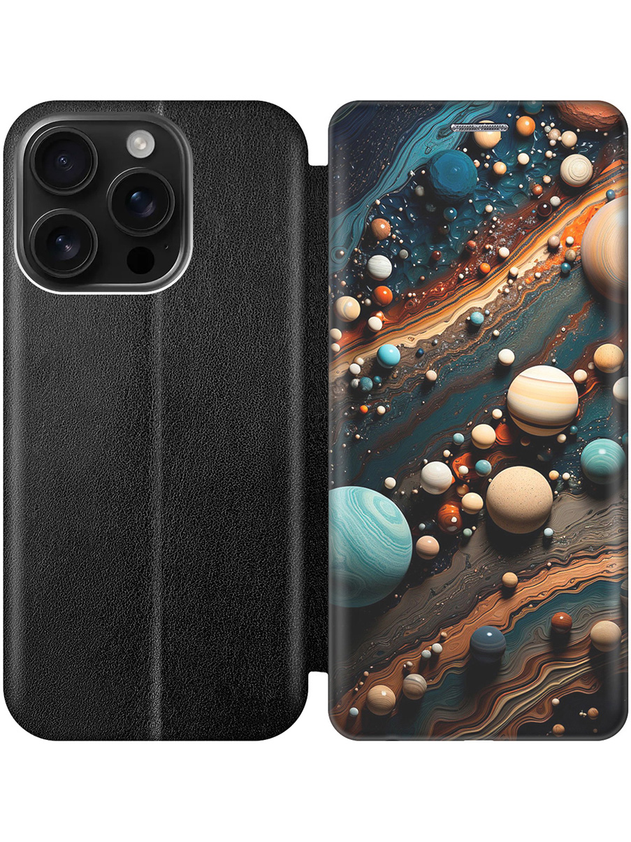 

Чехол-книжка на Apple iPhone 16 Pro с принтом "Шары на мраморном полу" черный, Черный;желтый;голубой, 785197731