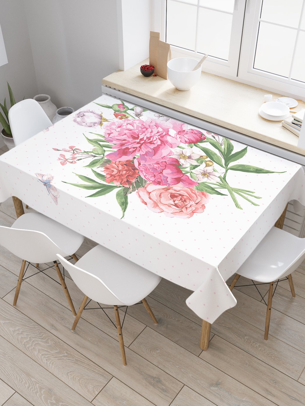 

Скатерть прямоугольная JoyArty "Букет пионов" из оксфорда, 120x145 см, Белый, Букет пионов