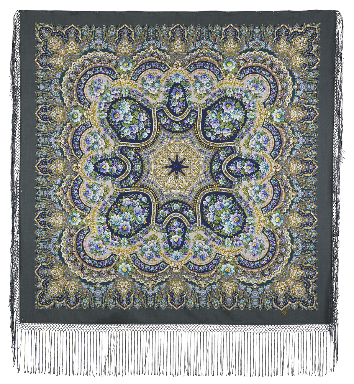 Платок женский Павловопосадский платок 1788 серый/зеленый, 148х148 см