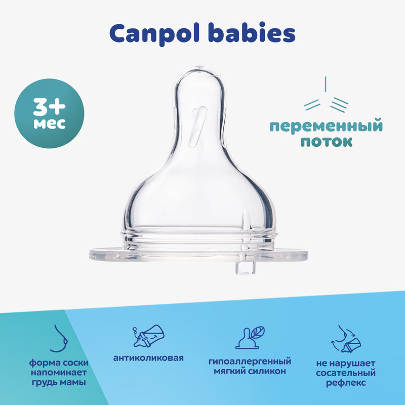 Соска для бутылочек CANPOL Babies переменный поток, широкое горлышко, 3м+ Canpol Babies