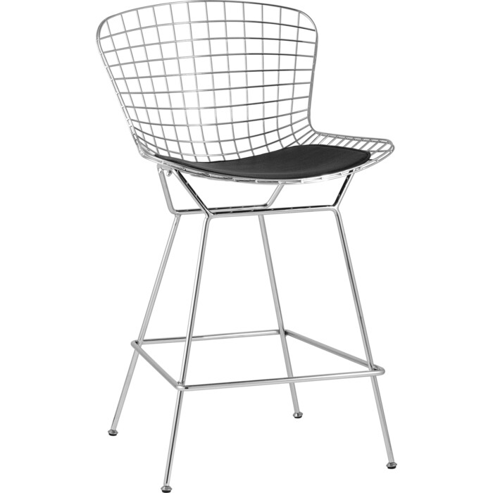 фото Стул полубарный с низкой спинкой bertoia, хромированный, с черной подушкой stool group