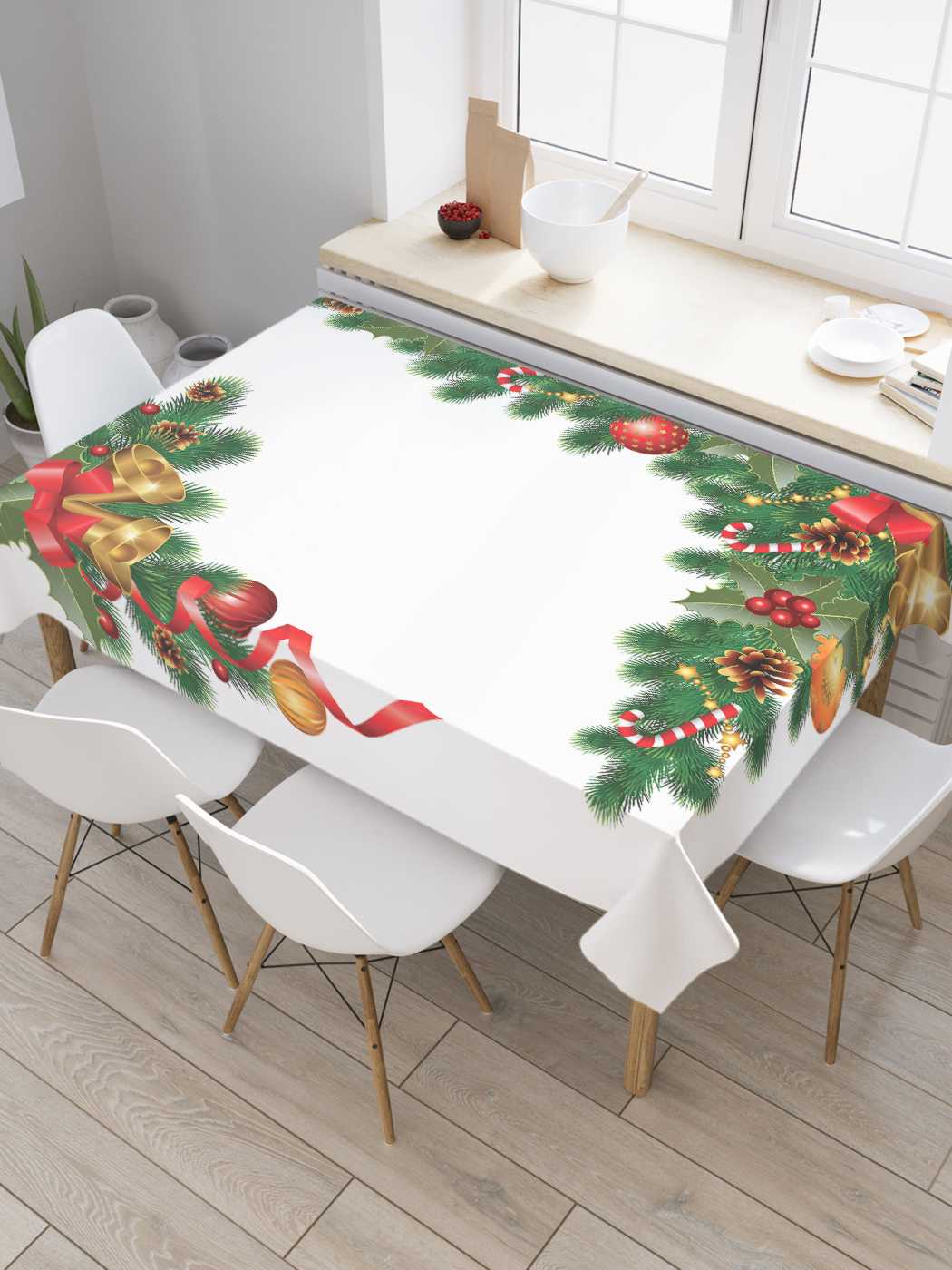 

Скатерть прямоугольная JoyArty "Елочные украшения" из сатена, 180x145 см, Белый, Елочные украшения