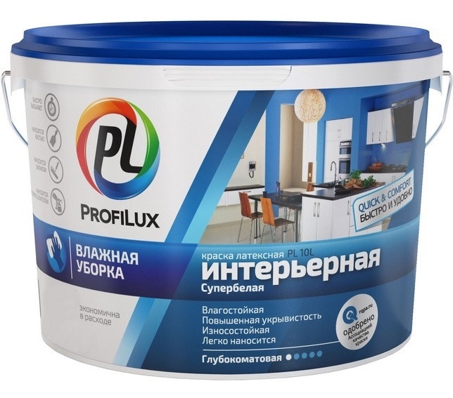 

Краска интерьерная влагостойкая PROFILUX PL-10L супербелая (3кг)