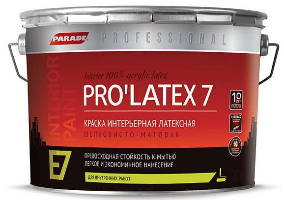 

Краска интерьерная PARADE PRO`LATEX Е7 база А шелковисто матовая (9л)