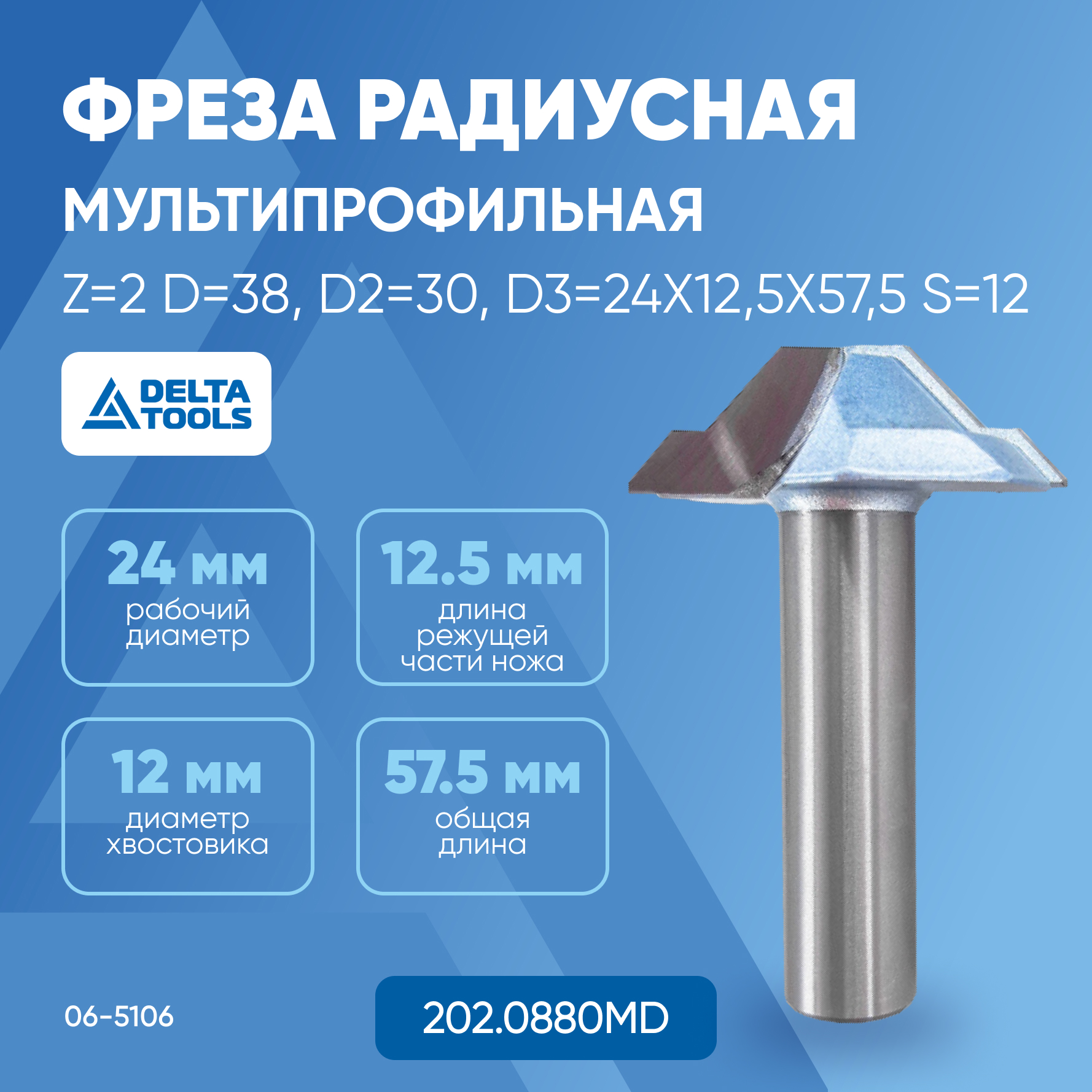 Фреза DELTA TOOLS радиусная (Мультипрофильная) Z=2 D=38 D2=30 D3=24x12,5x56,5 S=12 202.088 600016940767