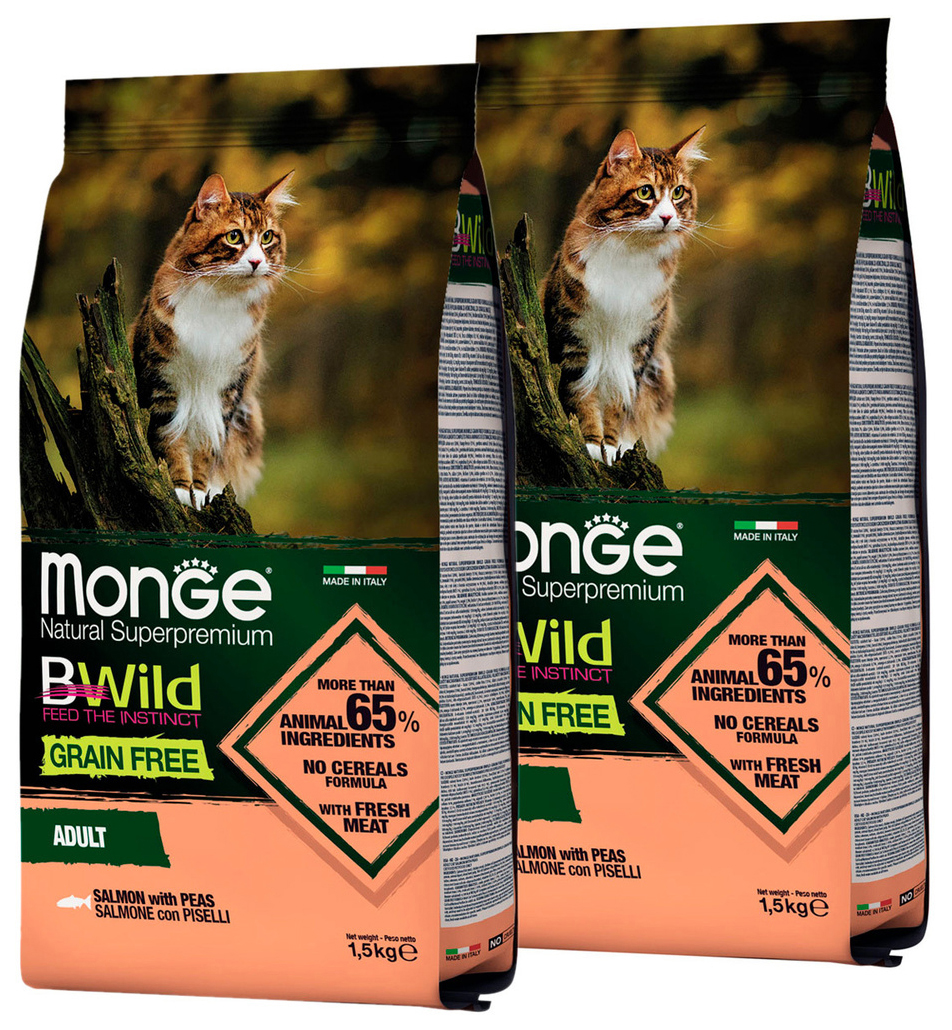 

Сухой корм для кошек Monge BWild Grain Free с лососем и горохом, 2 шт по 1,5 кг