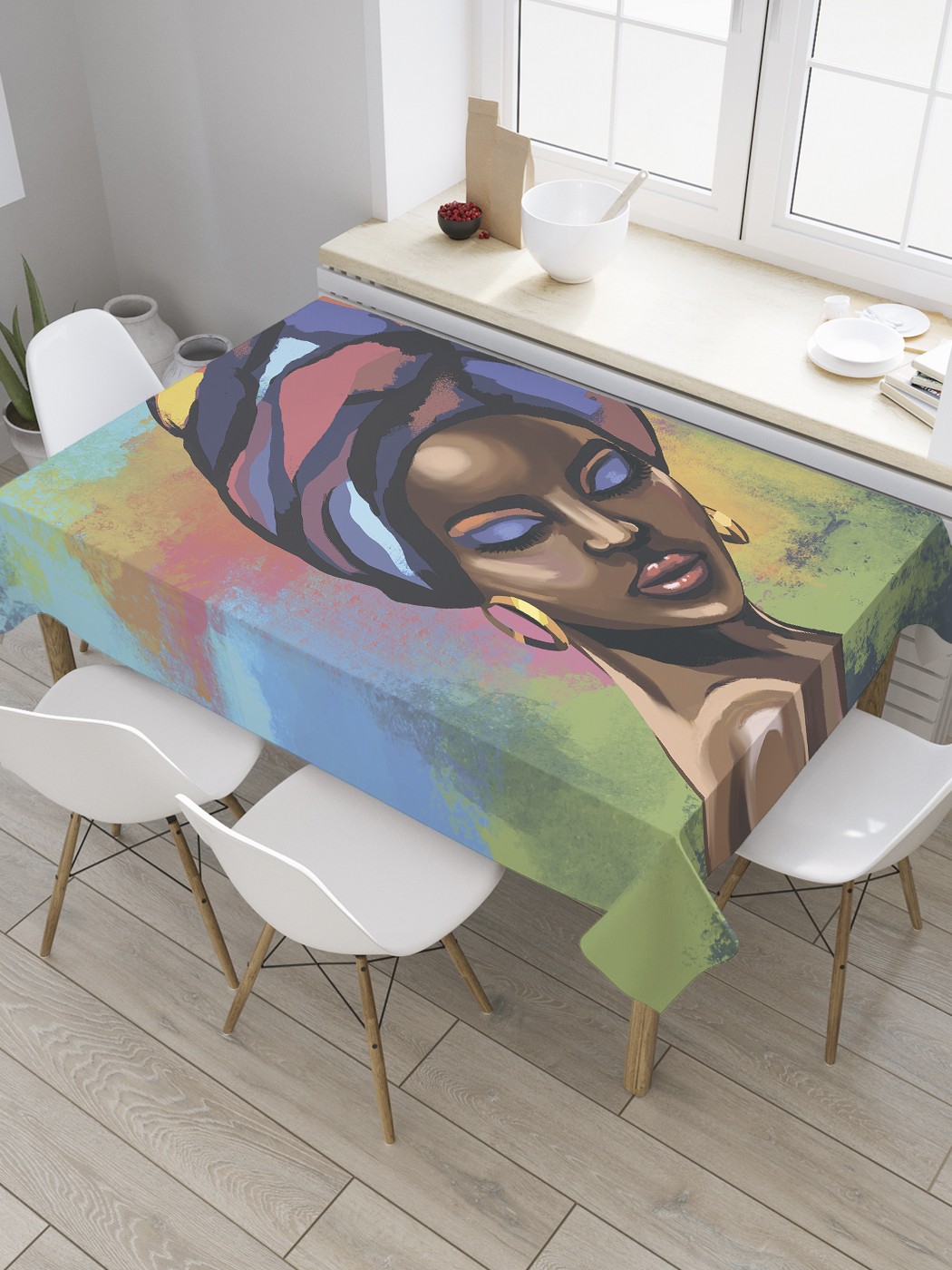 

Скатерть прямоугольная JoyArty "Колоритная африканка" из оксфорда, 180x145 см, Синий, Колоритная африканка