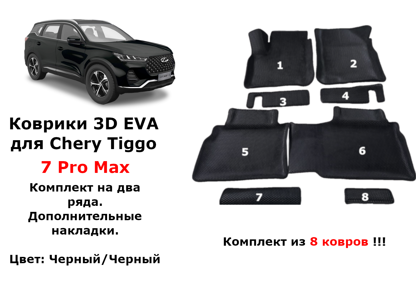 

Комплект ковриков в салон автомобиля Komatto для Chery Tiggo 7 Pro MAX, Черные, EVA, 8 шт., Chery Tiggo 7 Pro MAX