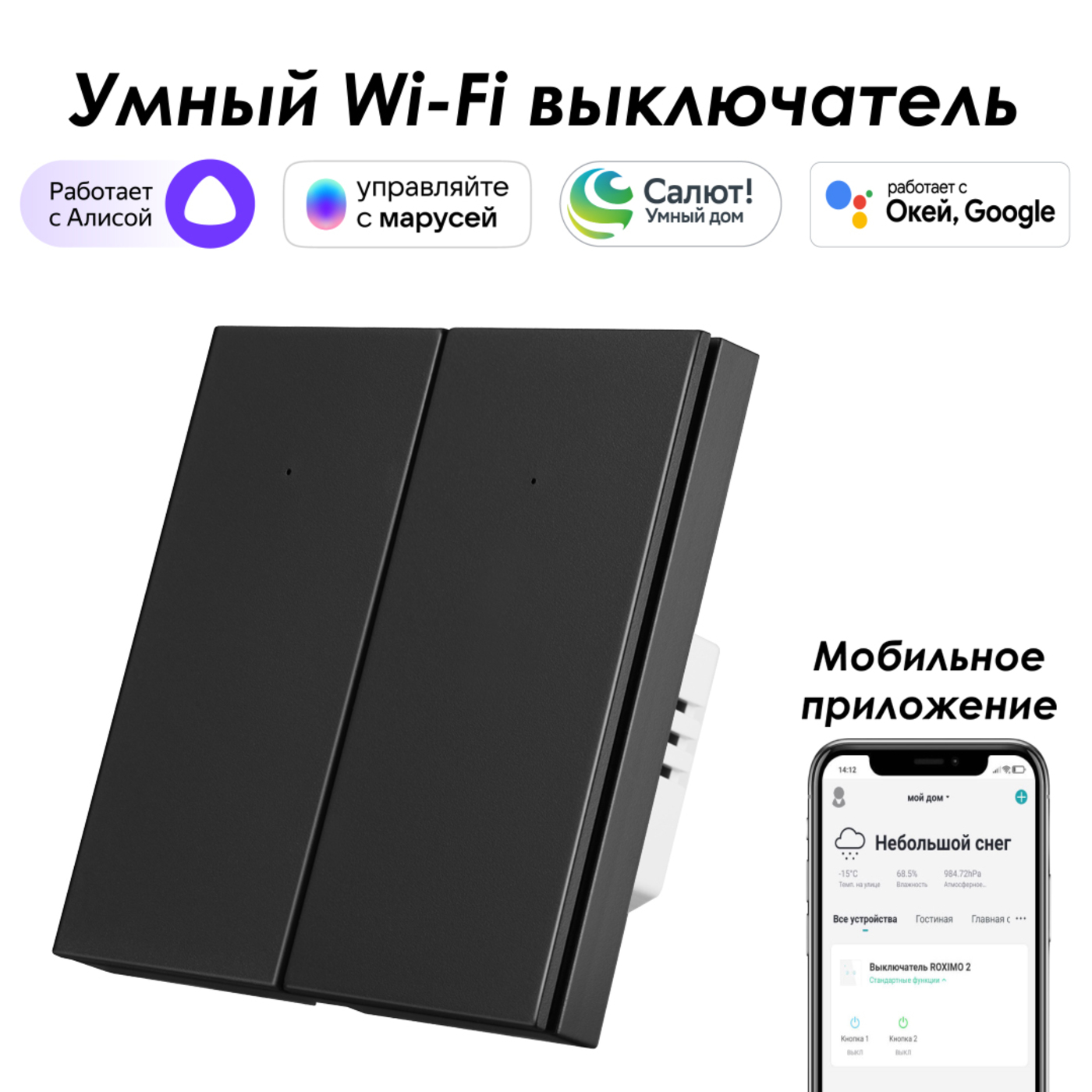 

Умный выключатель ROXIMO, двухкнопочный, черный, SWBTN01-2B, SWBTN01-2B