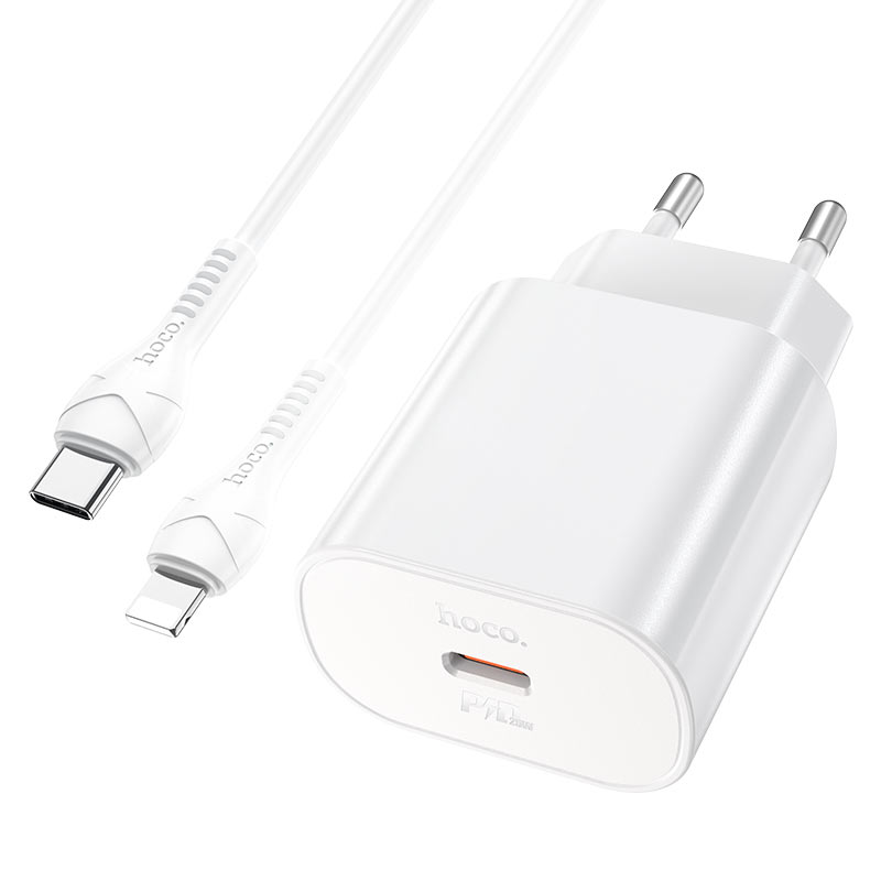 Hoco 213949 Network Charger: White USB Type-C to Lightning Adapter, 3A Output