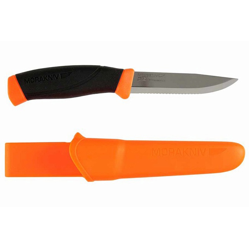 фото Нож morakniv companion f serrated, прорезиненная рукоять с оранжевыми накладками