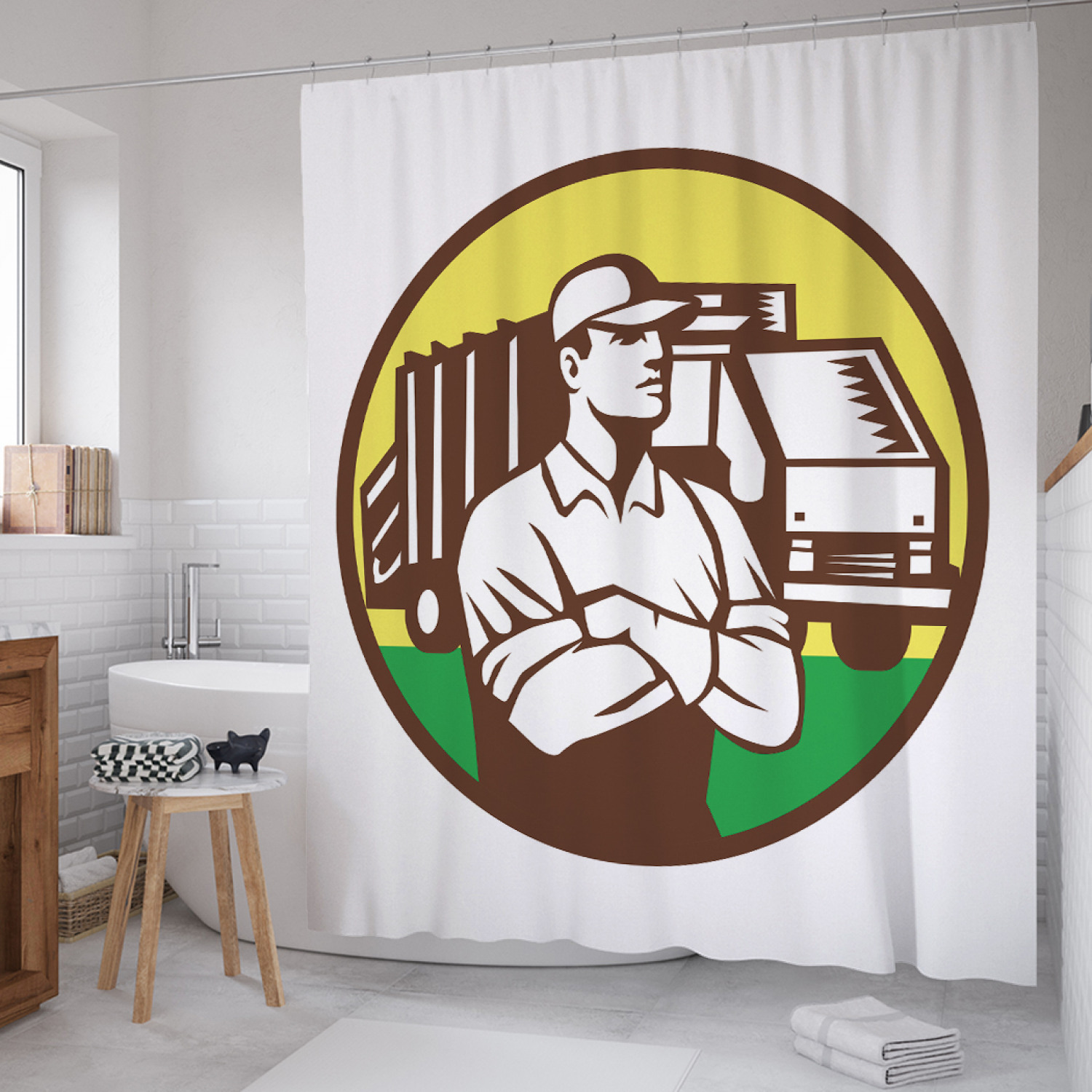 

Штора для ванной JoyArty "Работник коммунальные службы" из сатена, 180х200 см с крючками, Белый, Работник коммунальные службы