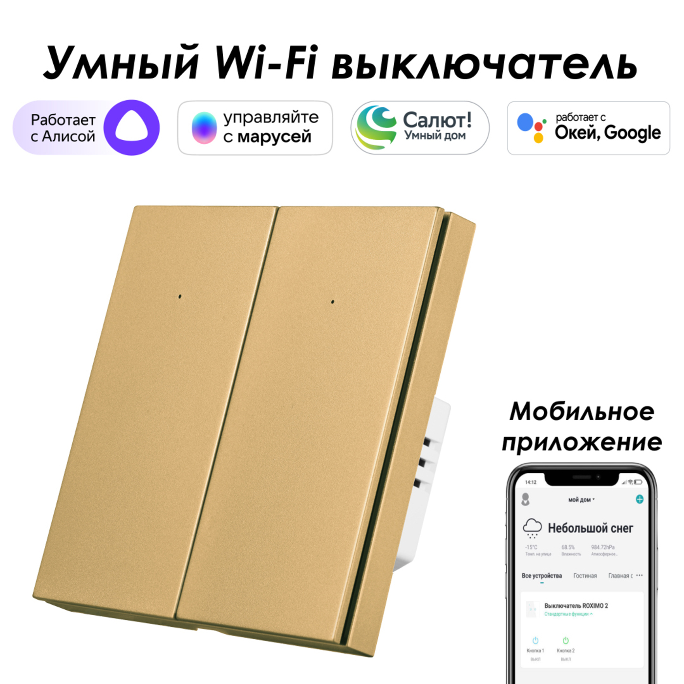 

Умный выключатель ROXIMO, двухкнопочный, золотой, SWBTN01-2G, Золотистый, SWBTN01-2G