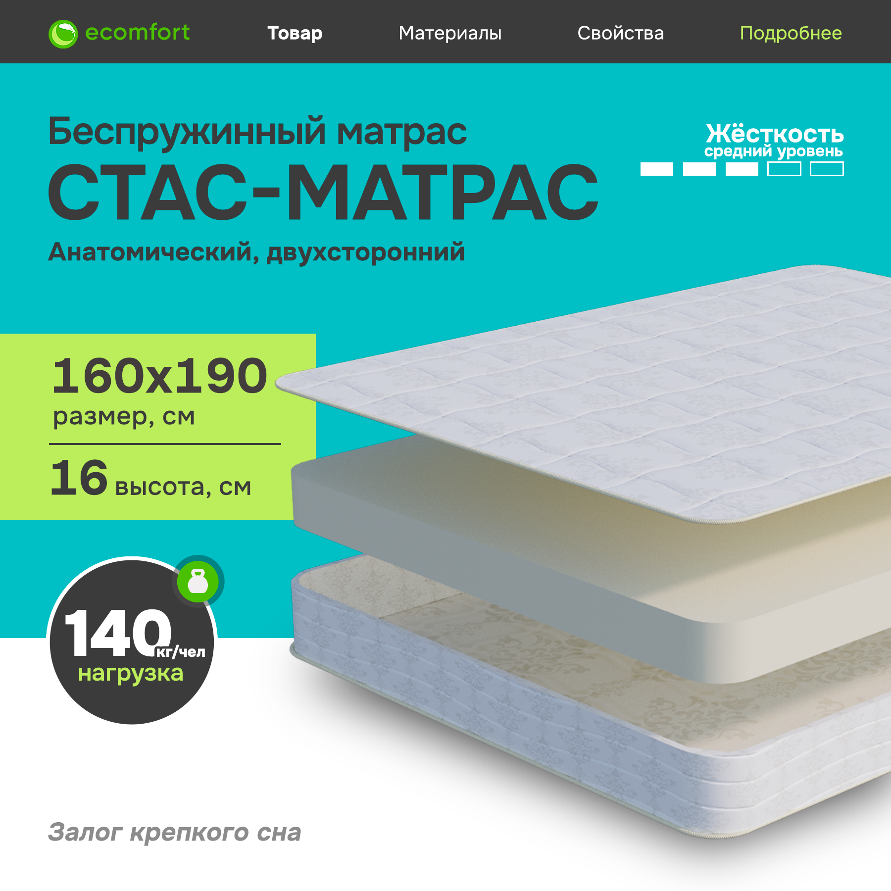 Матрас Ecomfort Стас-Матрас беспружинный 16 см 160х190 27999₽