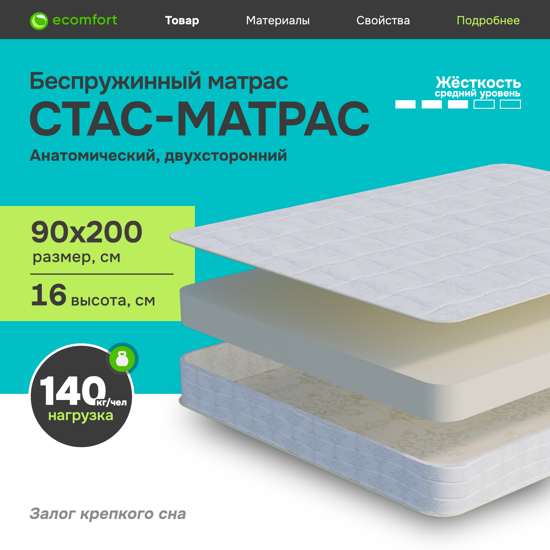 Матрас Ecomfort Стас-Матрас беспружинный 16 см 90х200 21999₽