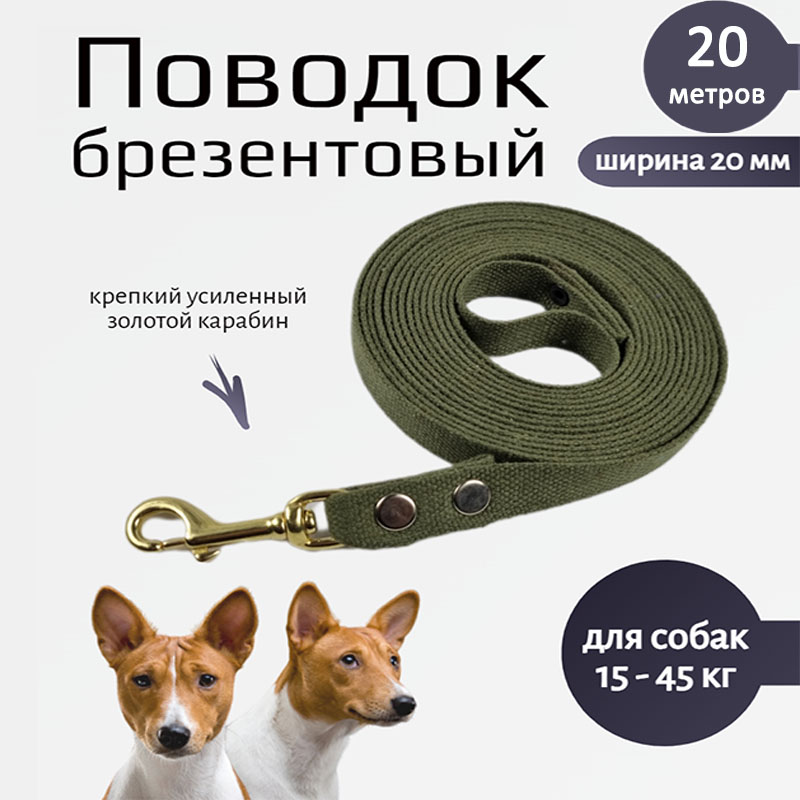 

Поводок для собак Хвостатыч с золотистым карабином, зеленый, брезент, 20 м х 20 мм