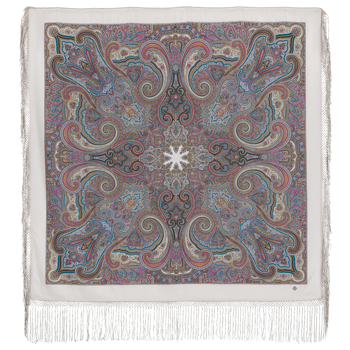 Платок женский Павловопосадский платок 1292 белый/коричневый, 148х148 см