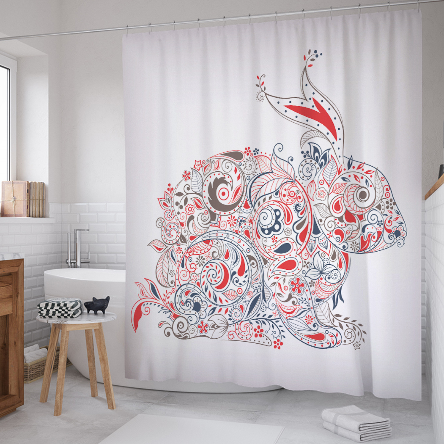 

Штора для ванной JoyArty "Заяц в растительном орнаменте" из сатена, 180х200 см с крючками, Белый, Заяц в растительном орнаменте