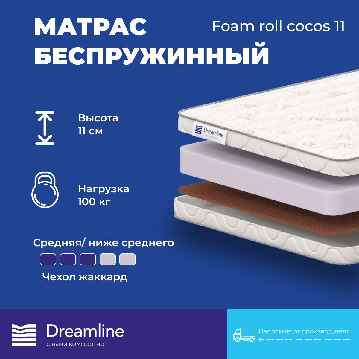 

Матрас Dreamline Foam Roll Cocos 11 220х210, Бежевый;белый;серый;серебристый, Foam Roll Cocos 11