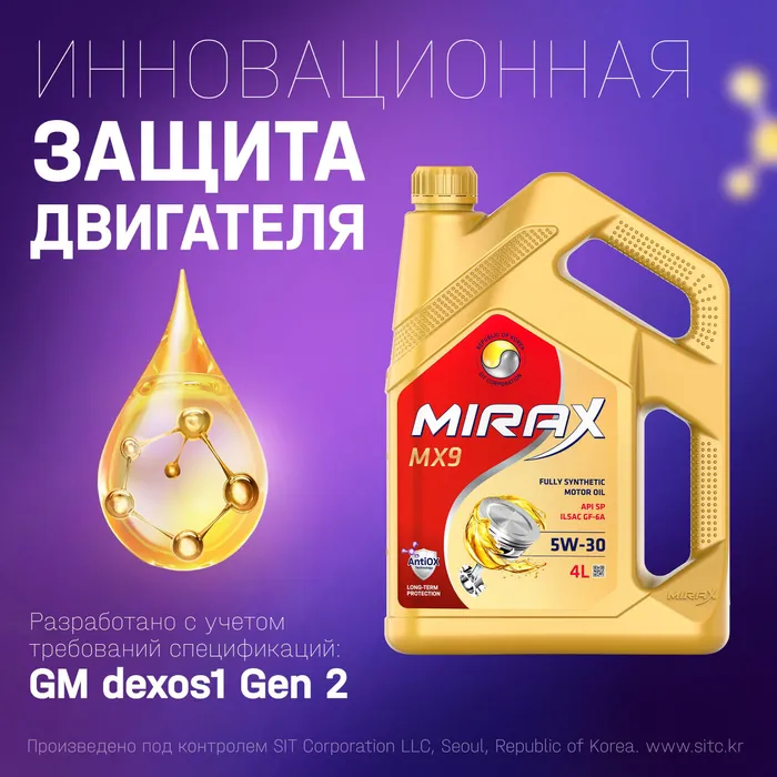 Моторное масло MIRAX синтетическое MX9 SAE 5W30 API SP ILSAC GF-6A 4л