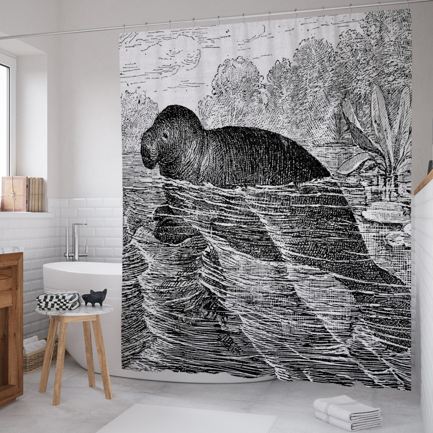 

Штора для ванной JoyArty "Древний ламантин" из сатена, 180х200 см с крючками, Серый, Древний ламантин