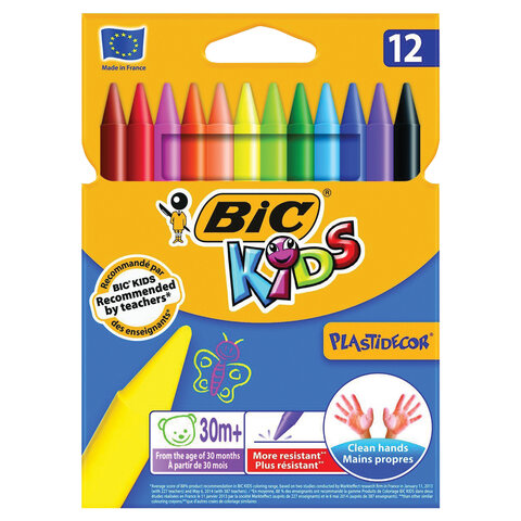 Мелки пластиковые BIC Plastidecor, 12 цветов, ультрапрочные, круглые, картонн