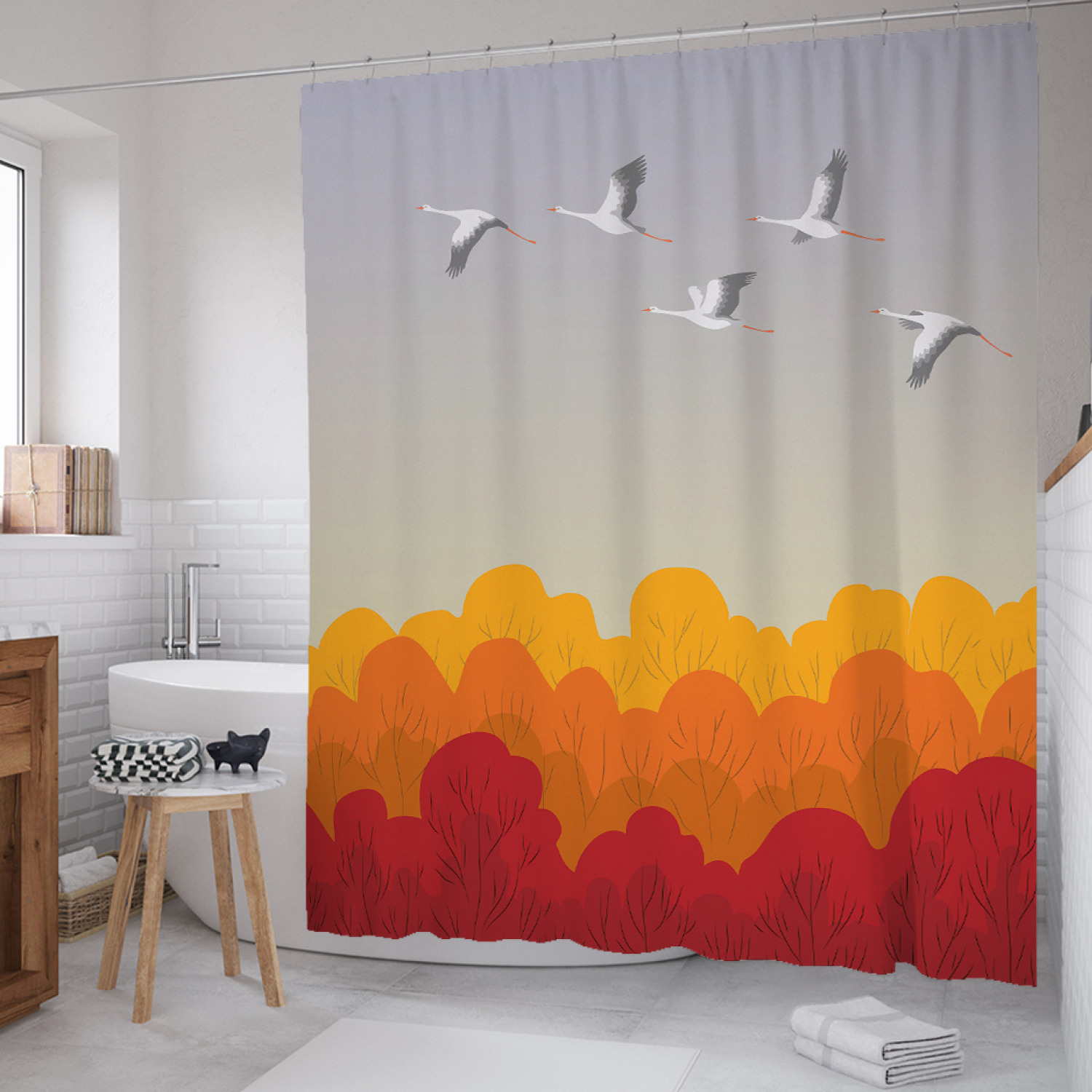 

Штора для ванной JoyArty "Журавли в небе" из сатена, 180х200 см с крючками, Оранжевый, Журавли в небе