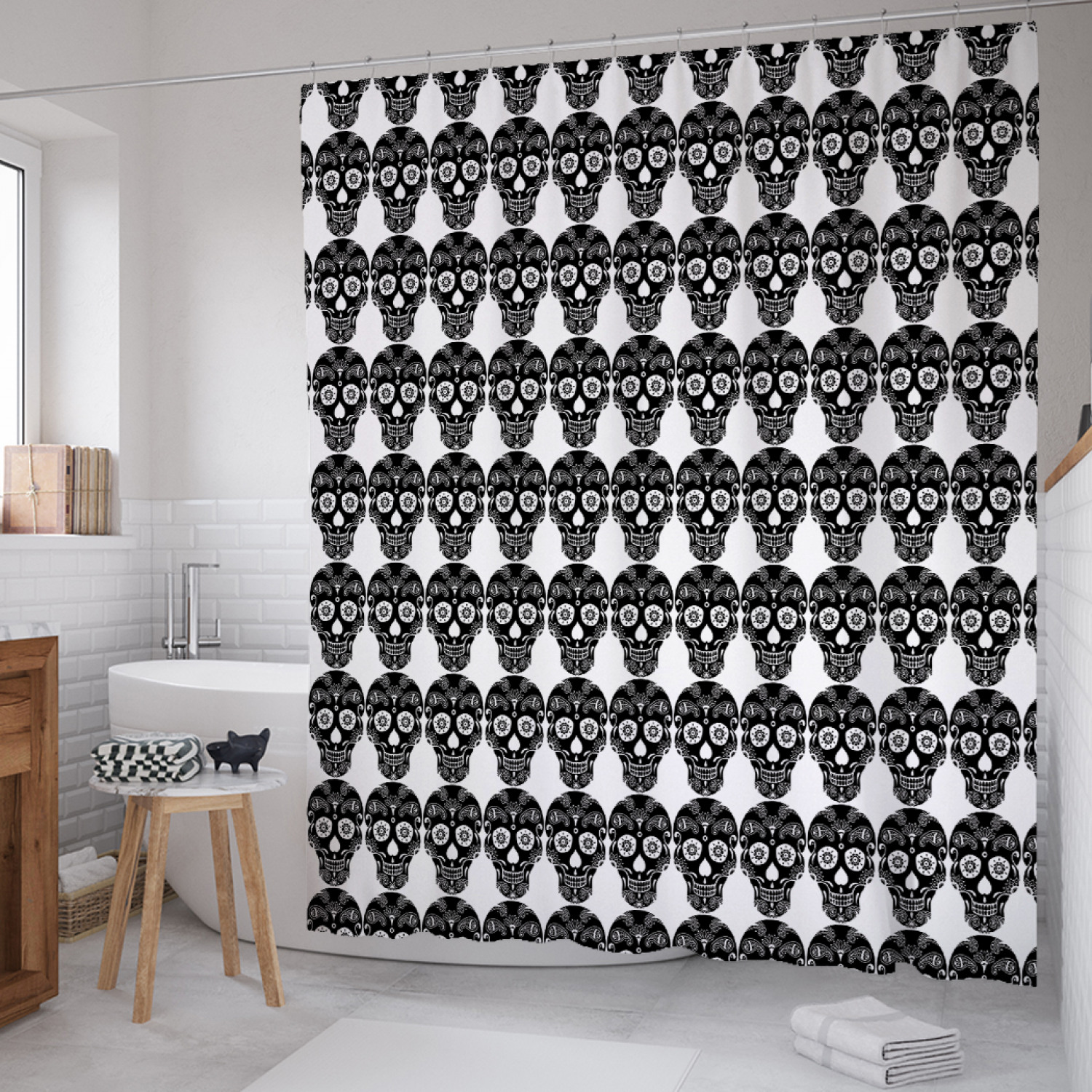 

Штора для ванной JoyArty "Сахарный череп в графике" из сатена, 180х200 см с крючками, Белый, Сахарный череп в графике