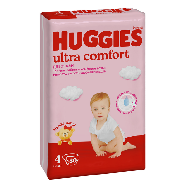 

Подгузники Huggies Ultra Comfort для девочек 8-14 кг, 4 размер, 80 шт