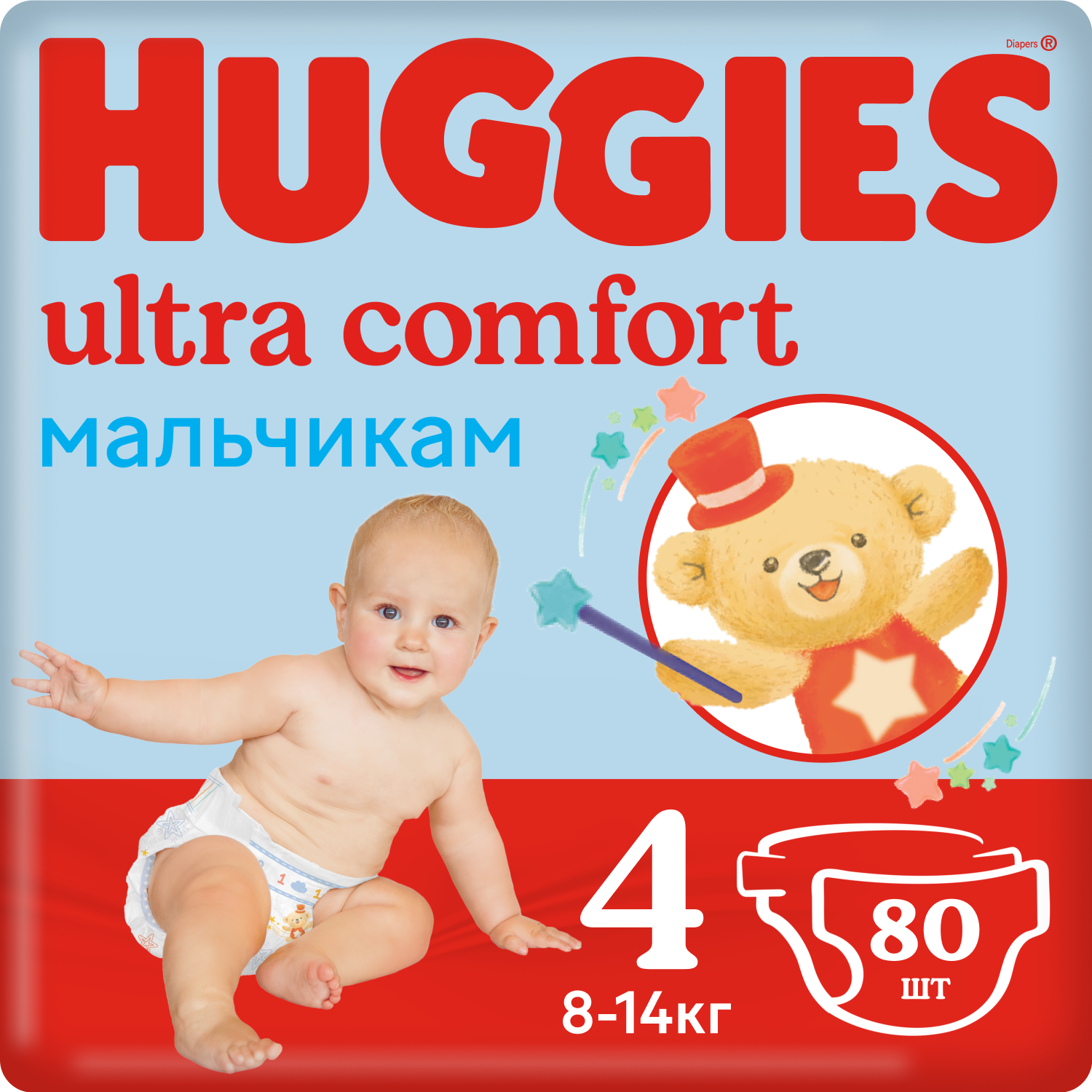 Подгузники Huggies Ultra Comfort для мальчиков, размер 4, 8-14 кг, 80 шт