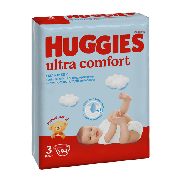 

Подгузники Huggies Ultra Comfort для мальчиков 5-9 кг, 3 размер, 94 шт