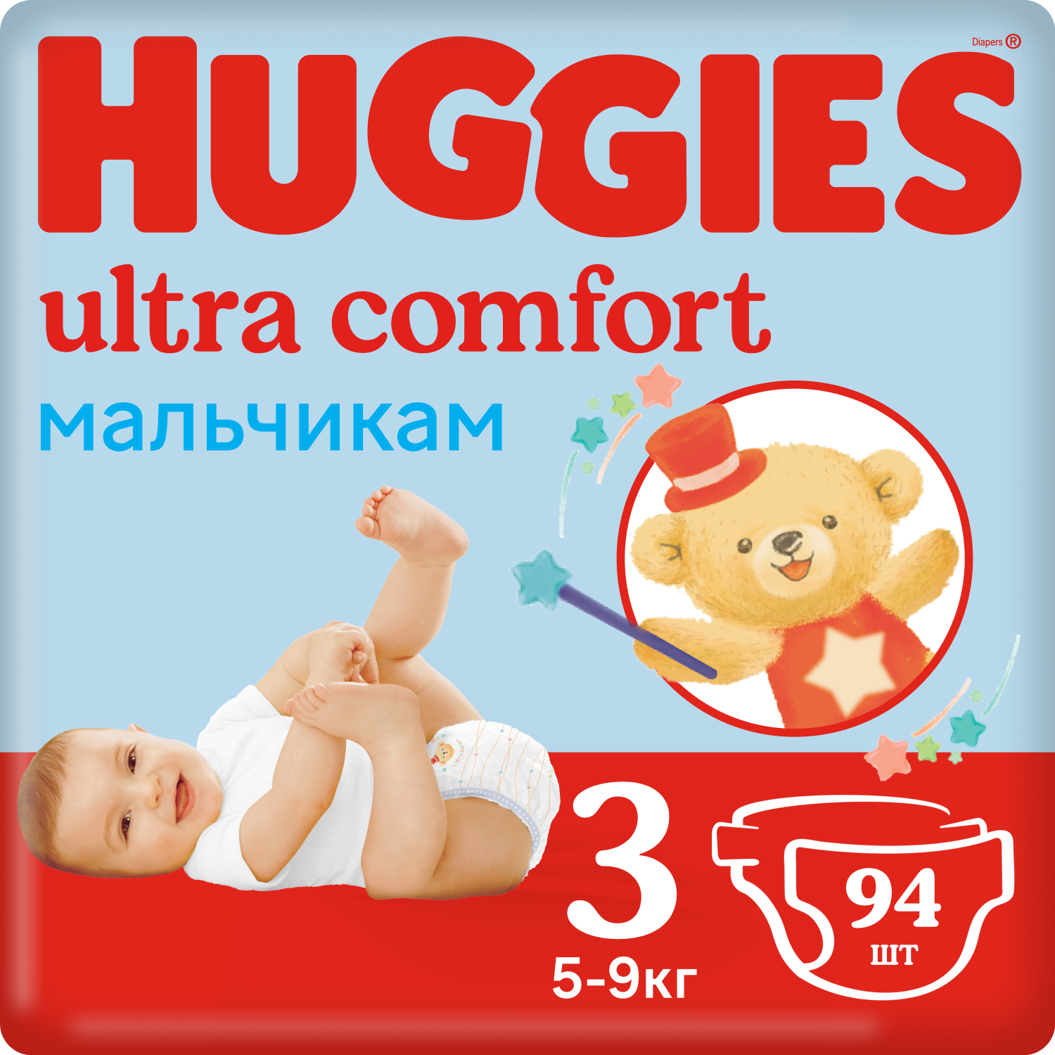 Подгузники Huggies Ultra Comfort для мальчиков, размер 3, 5-9 кг, 94 шт