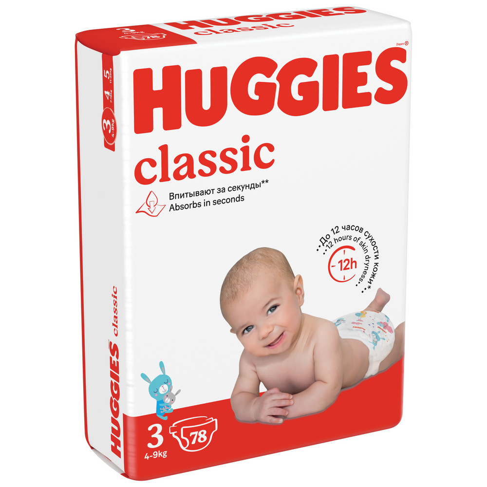 

Подгузники Huggies Classic 4-9 кг, 3 размер, 78 шт