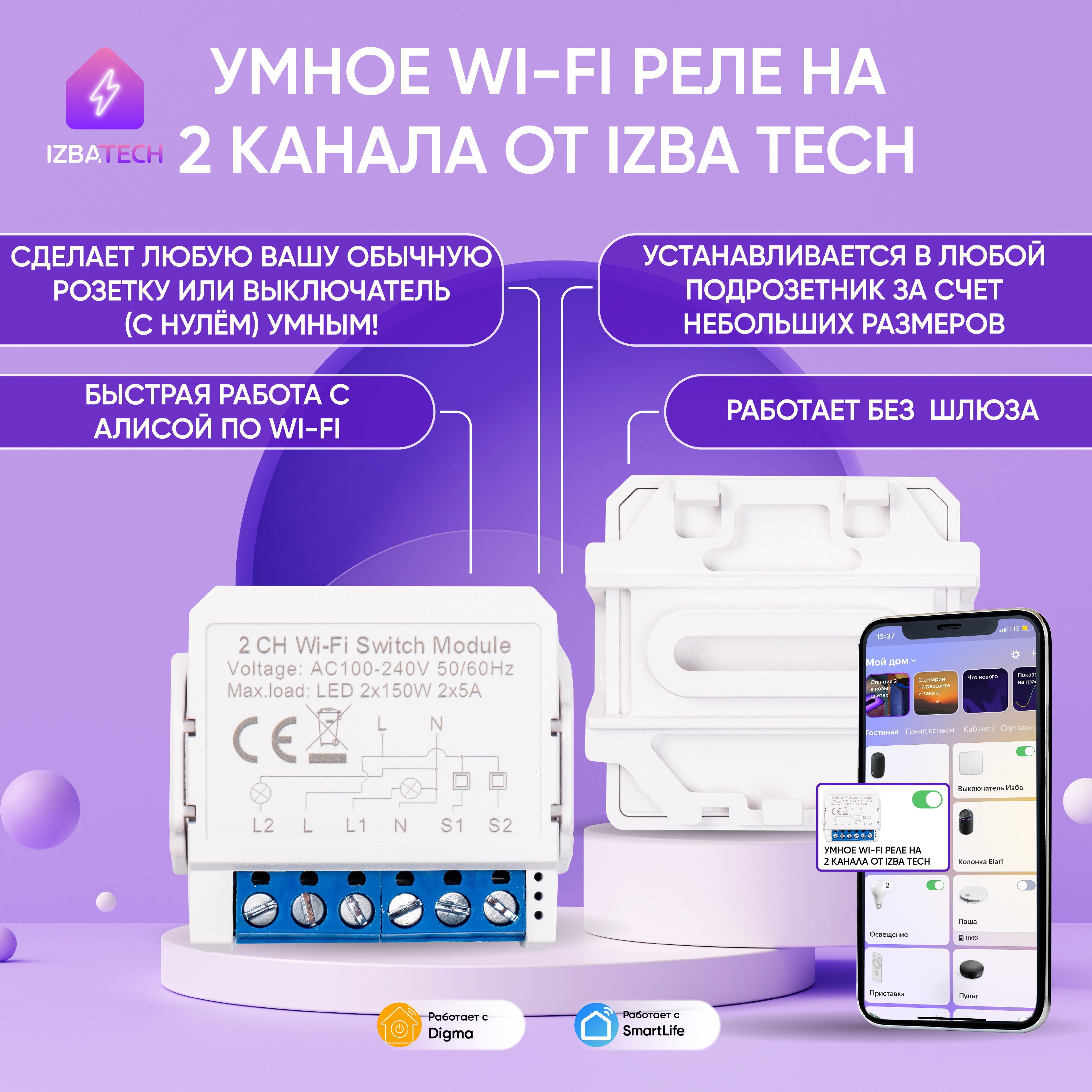 

Умное реле на 2 канала для Алисы Izba Tech 0077-4 10А Wi-Fi Mini, 0077-4