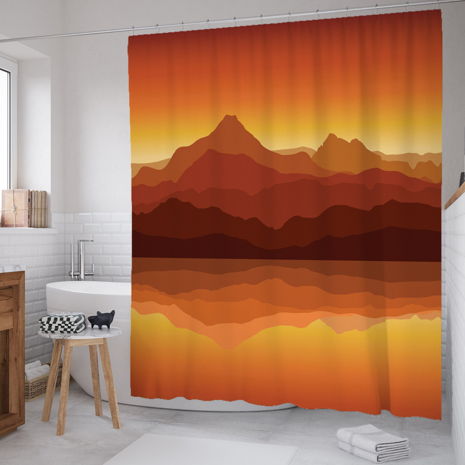 

Штора для ванной JoyArty "Многослойное отражение гор" из сатена, 180х200 см с крючками, Оранжевый, Многослойное отражение гор