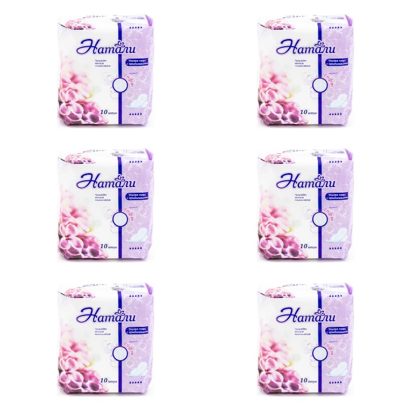 

Прокладки женские Натали Ultra Plus Soft с крылышками, 6 упаковок по 10 шт, Белый