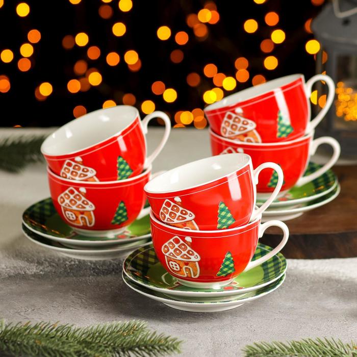 Сервиз чайный 12 предметов Magistro «Новый год. Пряничный домик», чашка 280 мл, блюдце d=1