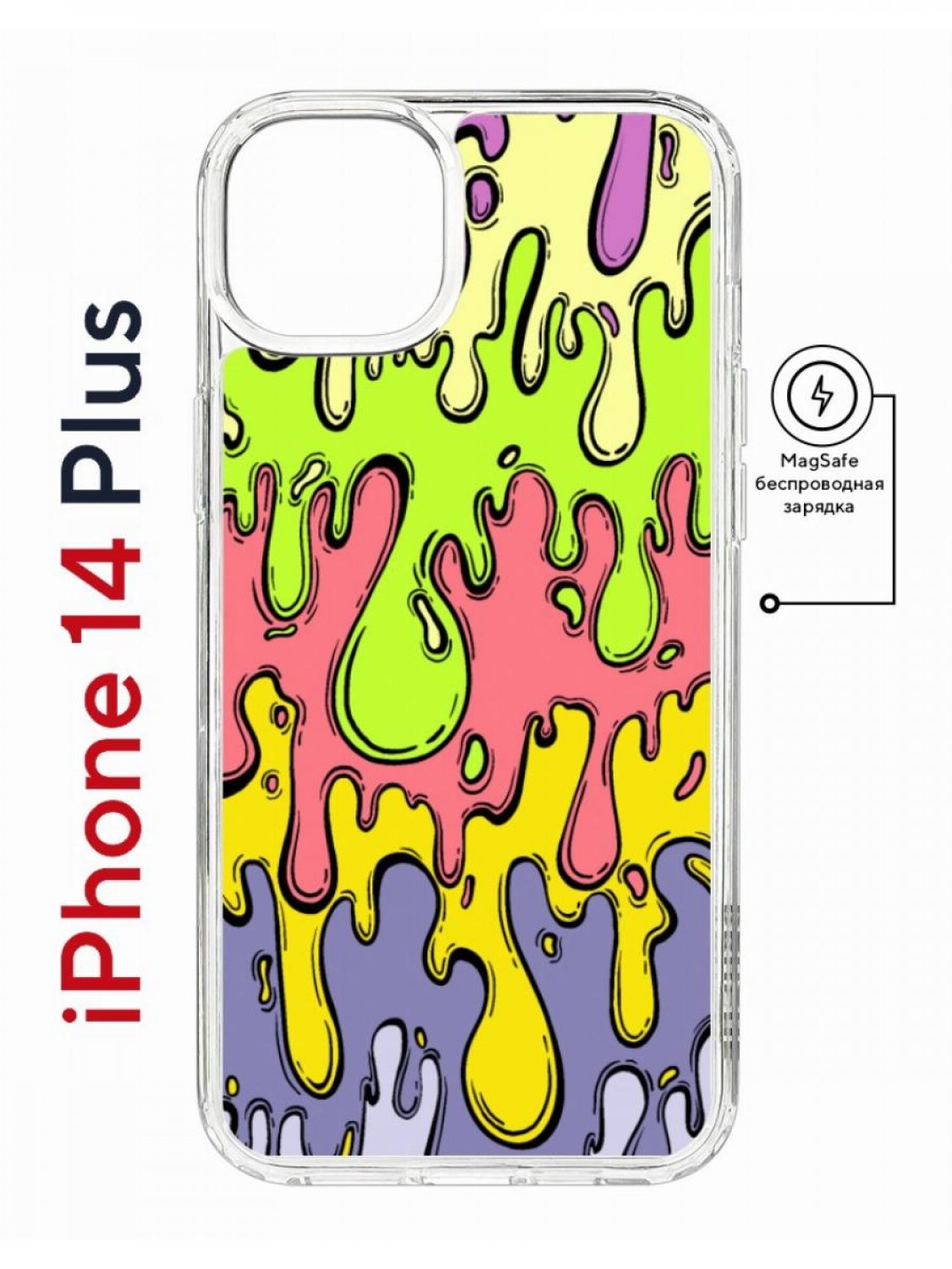

Чехол на iPhone 14 Plus MagSafe Kruche Print Абстракция Капли противоударный с магнитом, Прозрачный;фиолетовый;розовый;желтый, Айфон 14 Плюс магсейф