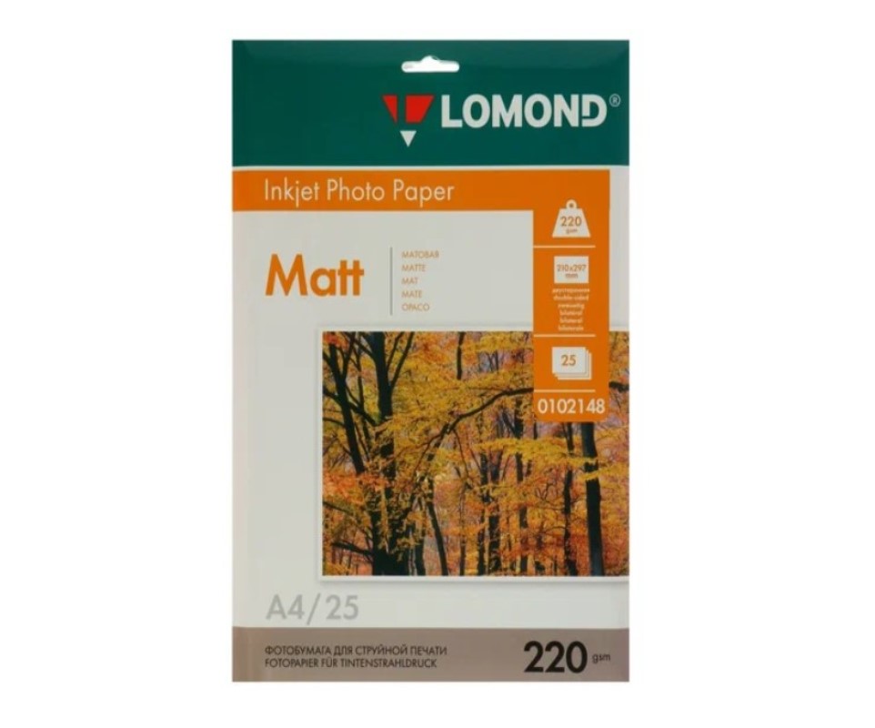 

Фотобумага Lomond A4 220г м2 25л. белая матовая для струйной печати 0102148, Белый