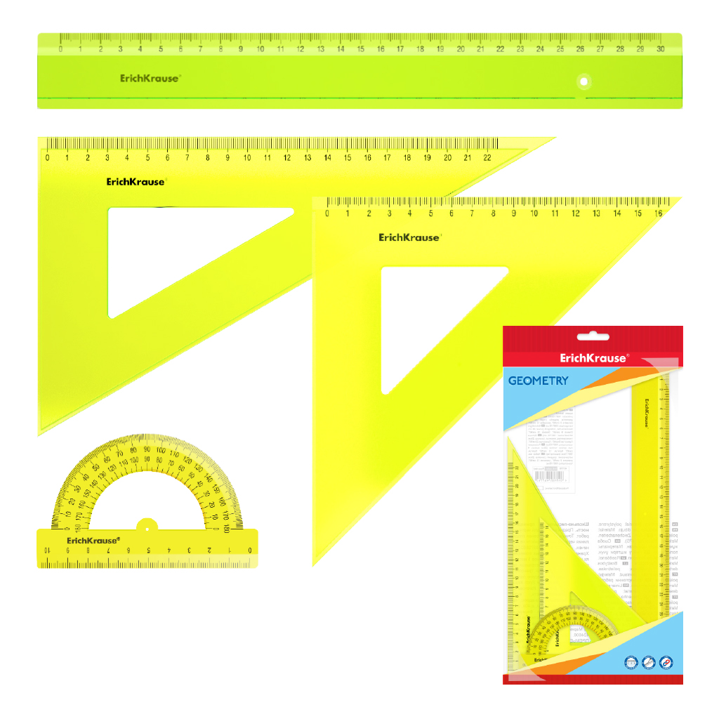 Набор геометрический большой ErichKrause® Neon (линейка 30см, угольники 16см/45° и 22см/60 100043070282 желтый