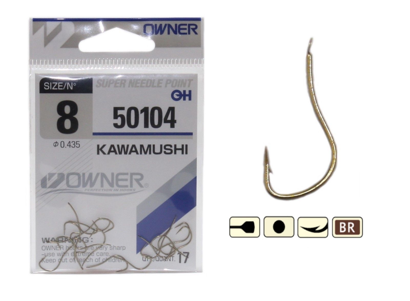 

Одинарные крючки Owner Chod Hook классические №8 BR, с лопаткой, прямое острие, с бородкой, Золотистый