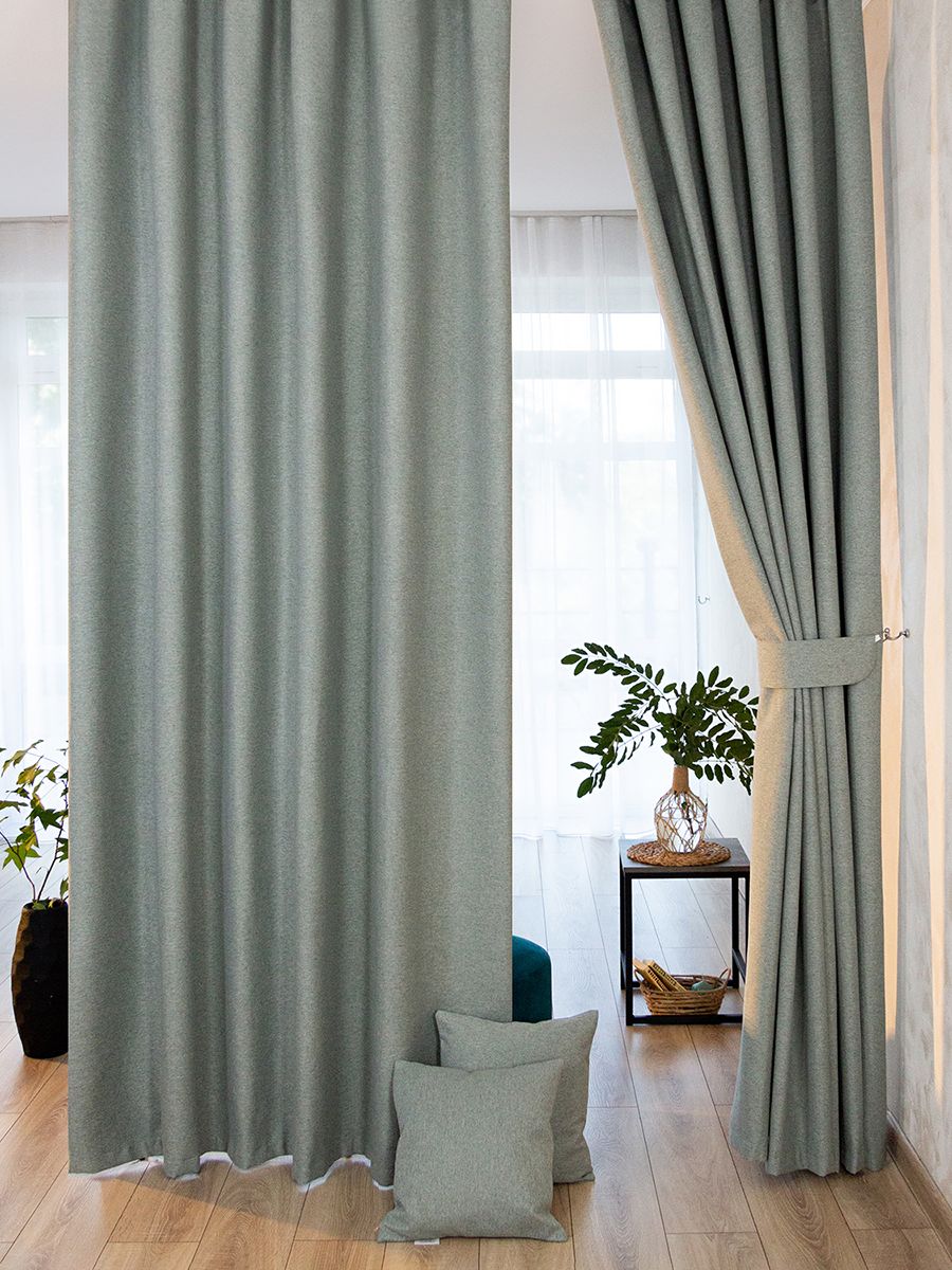 

Комплект штор Блэкаут для комнаты на шторной ленте 300 х 245 Evrika Home Серо-зеленый, винтер-2шт