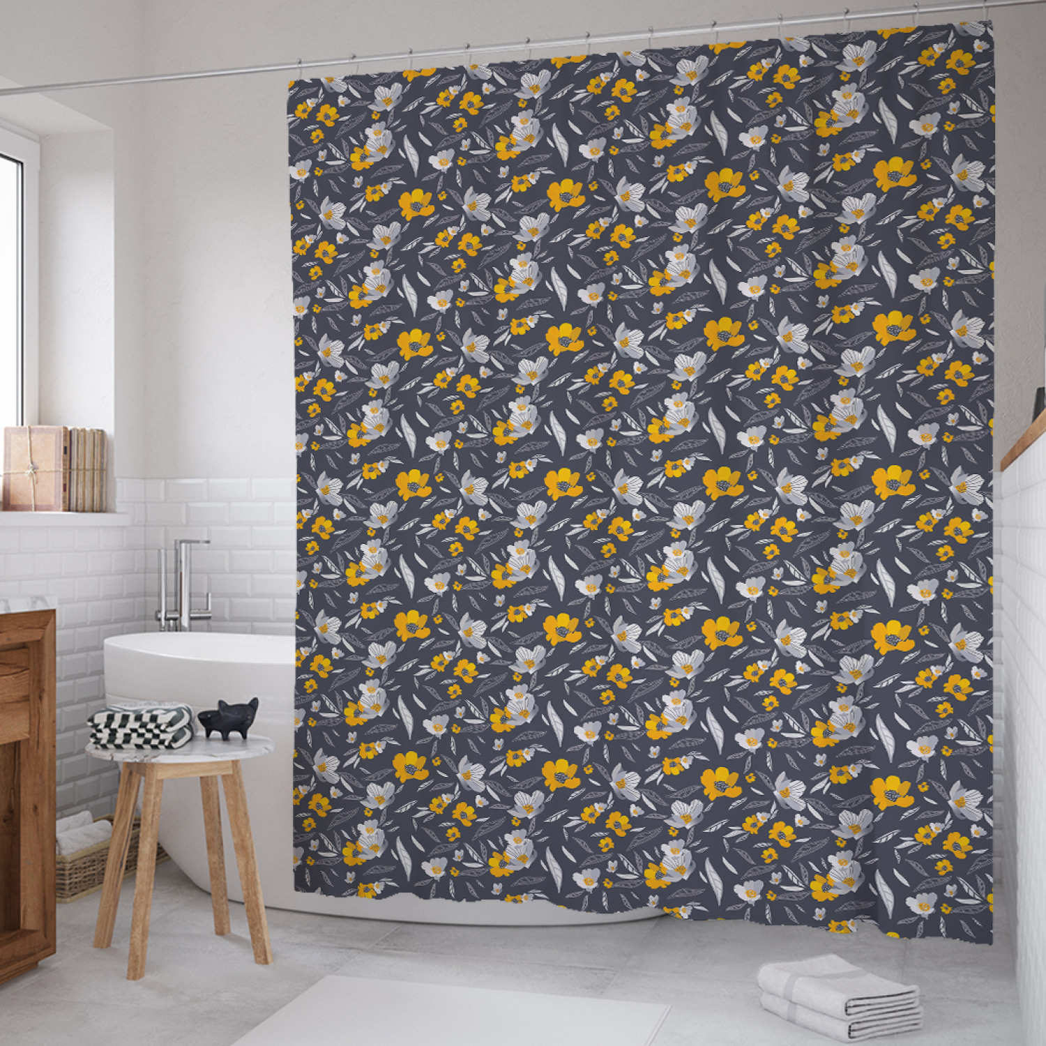 

Штора для ванной JoyArty "Летящие цветки" из сатена, 180х200 см с крючками, Синий, Летящие цветки