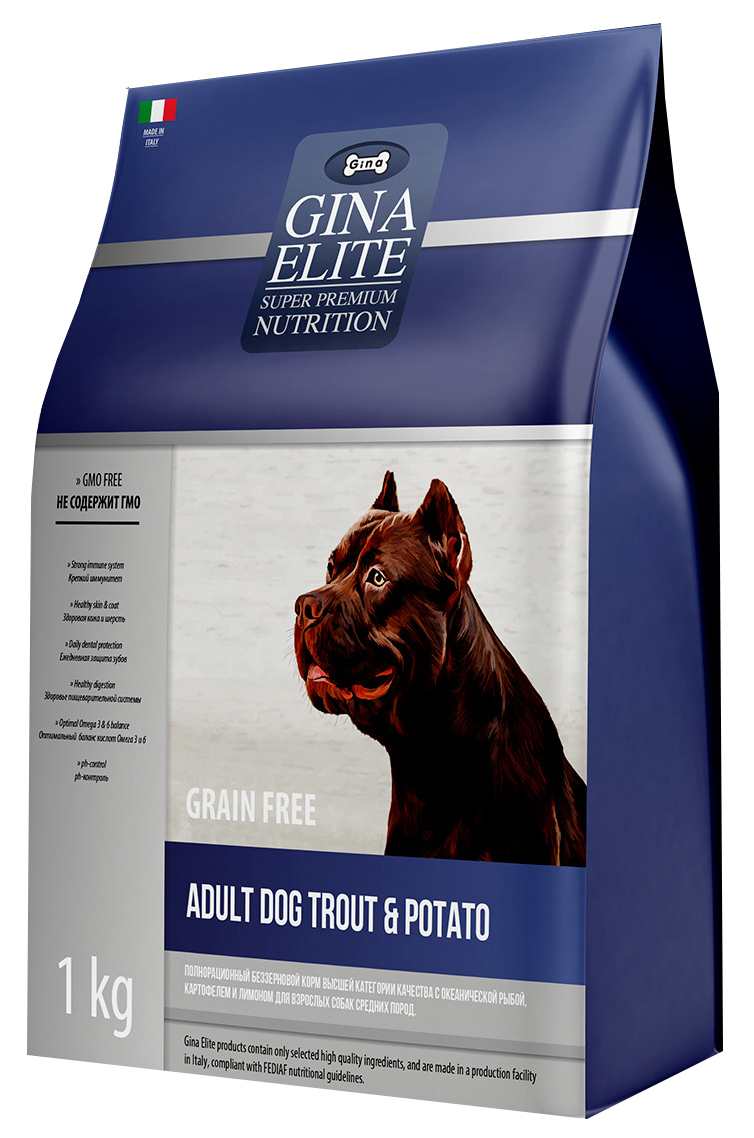 

Сухой корм для собак Gina Elite Grain Free Dog Trout&Potato красная рыба с картофелем,1 кг, 401210