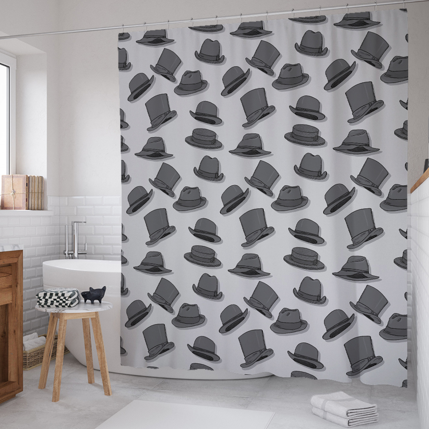 

Штора для ванной JoyArty "Шляпы и колпаки" из сатена, 180х200 см с крючками, Серый, Шляпы и колпаки