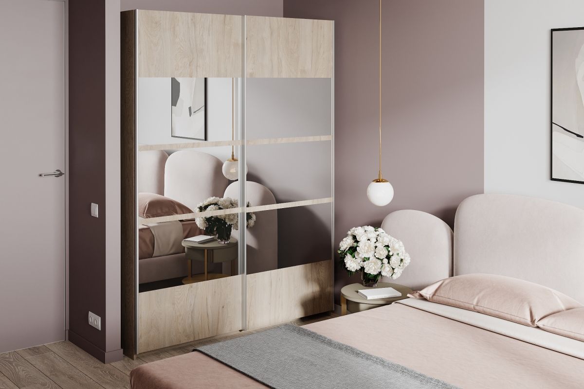 

Шкаф-купе Реал-1 Дуб сонома для одежды с зеркалом двухдверный 100x220x55 Мегамебель, Бежевый, Реал-1